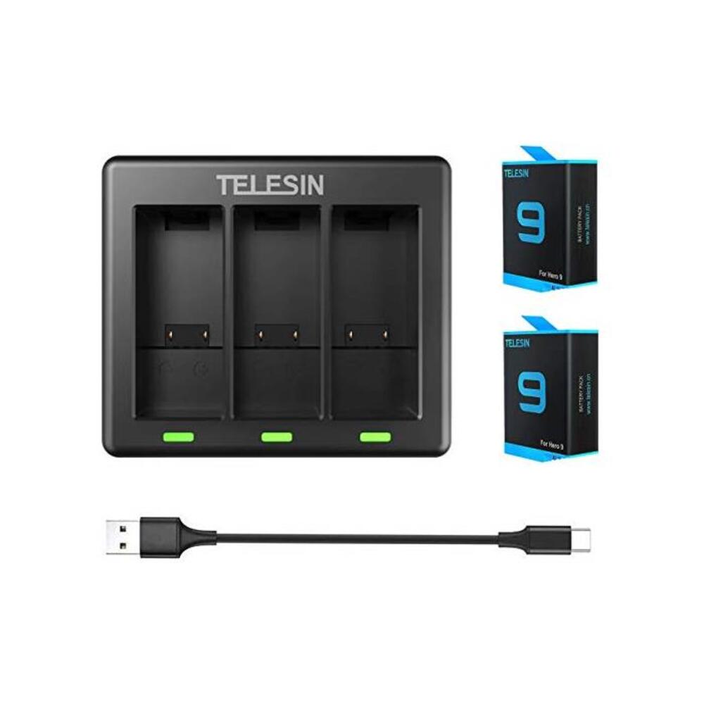 TELESIN Hero 10/Hero 9 Batteries and 3-Channel LED USB Charger Compatible with Hero 10/9 Black, Fully Compatible with Original (Charger + 2×Batteries) B08HVP2RS7