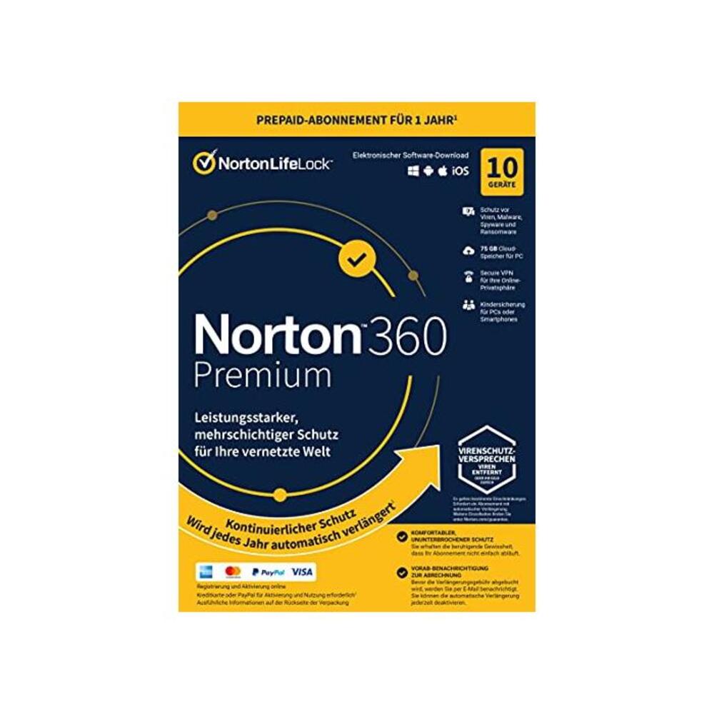 Norton 360 Premium 2021 10 Devices 1 Year Subscription with Automatic Extension Secure VPN and Password Manager PC/Mac/Android/iOS Activation Code in Original Packaging B07V2B6N14