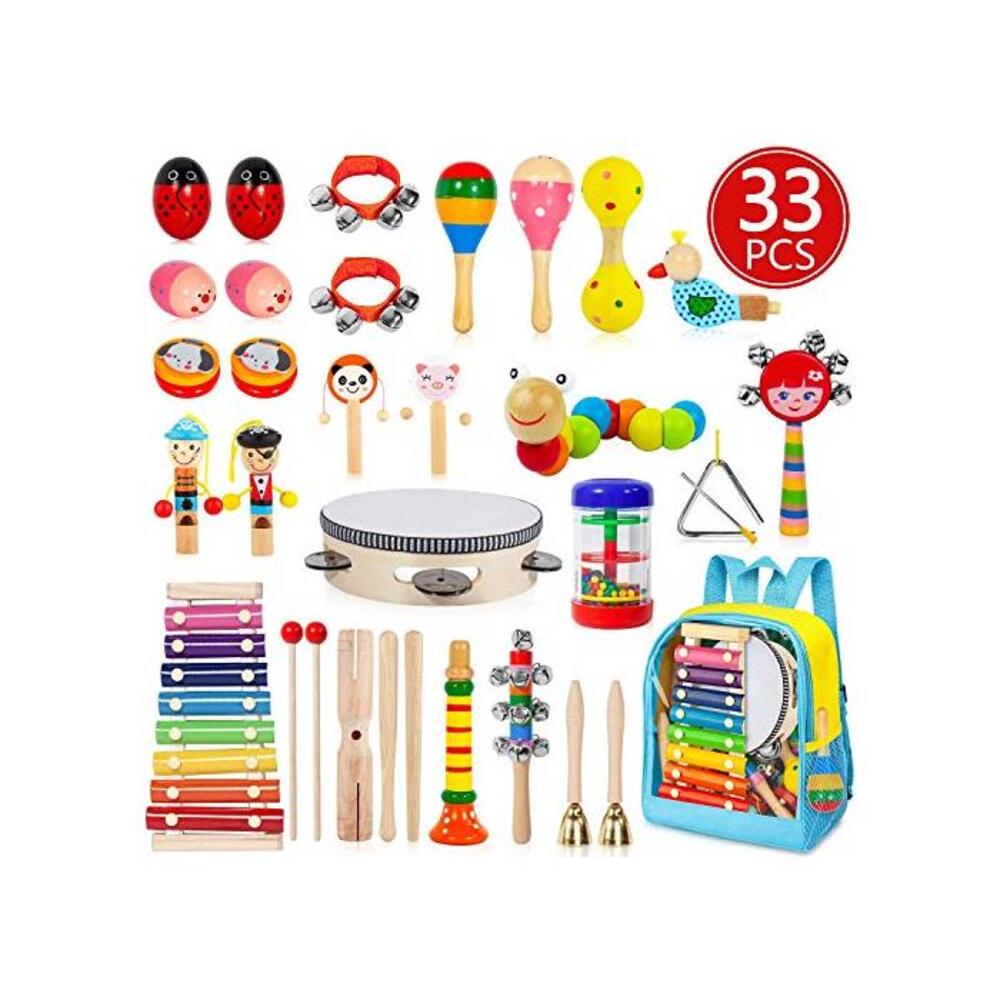 Toddler Musical Instruments, 33 PCS 19 Types Wooden Percussion Instruments Toys for Baby Kids Preschool Education, Early Learning Musical Xylophone Tambourine Drums Toy for Boys an B07T9QJTYL