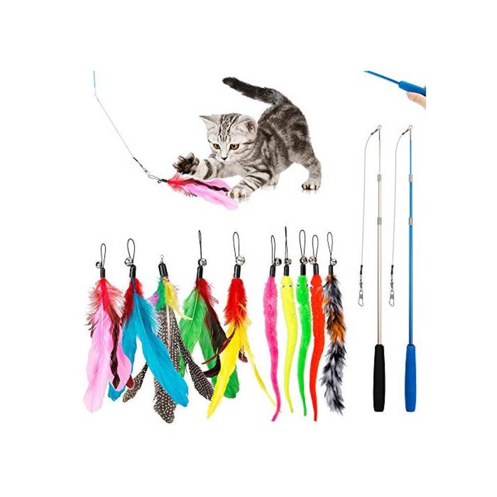 JIARON Feather Teaser Cat Toy, 2PCS Retractable Cat Wand Toys and 10PCS Replacement Teaser with Bell Refills, Interactive Catcher Teaser and Funny Exercise for Kitten or Cats. B07HRV7HKM