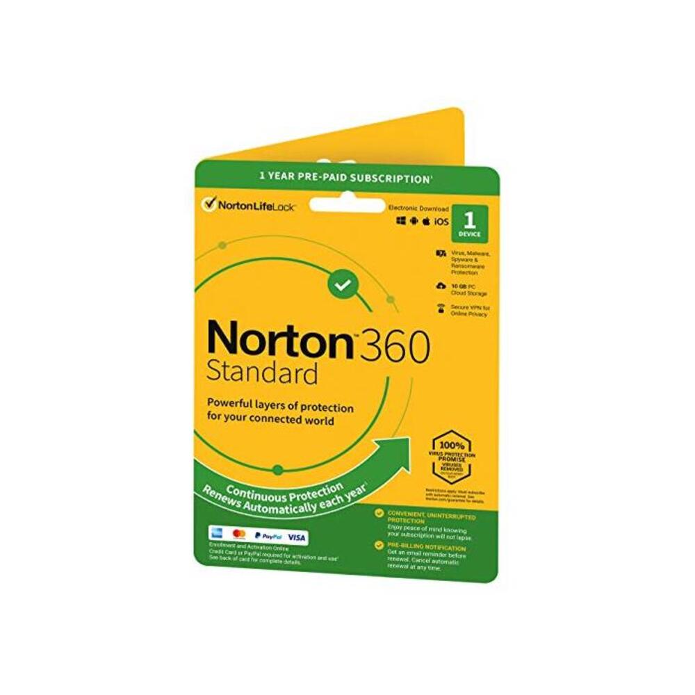 Norton 360 Standard 2020, Antivirus software for 1 Device and 1-year subscription with automatic renewal, Includes Secure VPN and Password Manager, PC/Mac/iOS/Android, Activation C B07V6MPLTB
