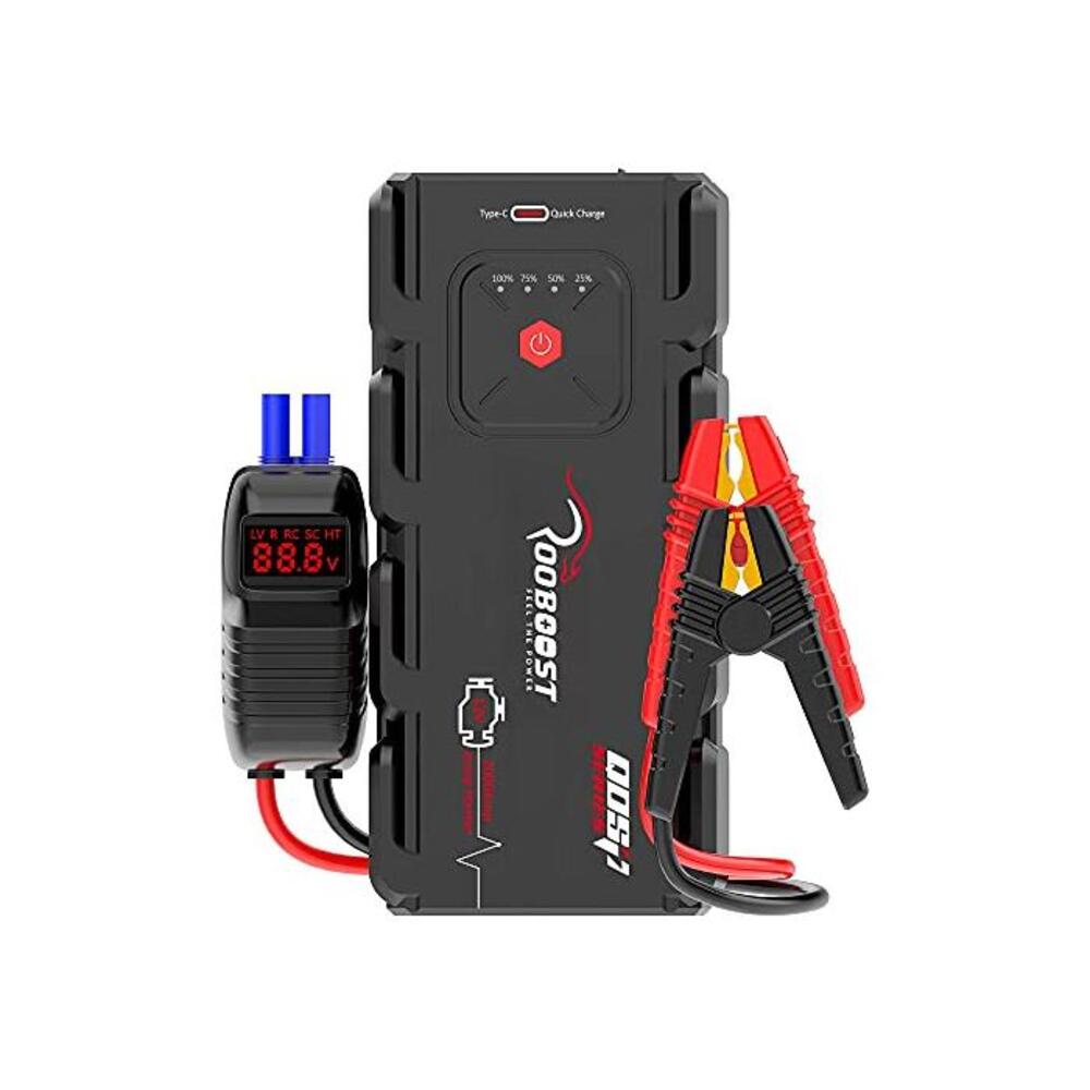 Rooboost™ 2000A Peak Extreme Safe Car Jump Starter (Up to 10L Gas or 8L Diesel), USB Quick Charge 3.0, Digital Smart Jumper Cable, Type-C In/Out Portable Power Bank, Spark Proof, D B08B4HNV91