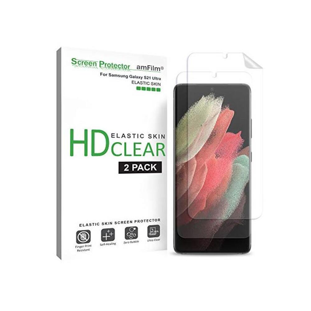 amFilm (2 Pack) Screen Protector for Samsung Galaxy S21 Ultra (6.8 Inch), Case Friendly (Easy Install) HD Clear Elastic Skin TPU Film Compatible with Fingerprint Sensor (2021) B08RYVXYWX