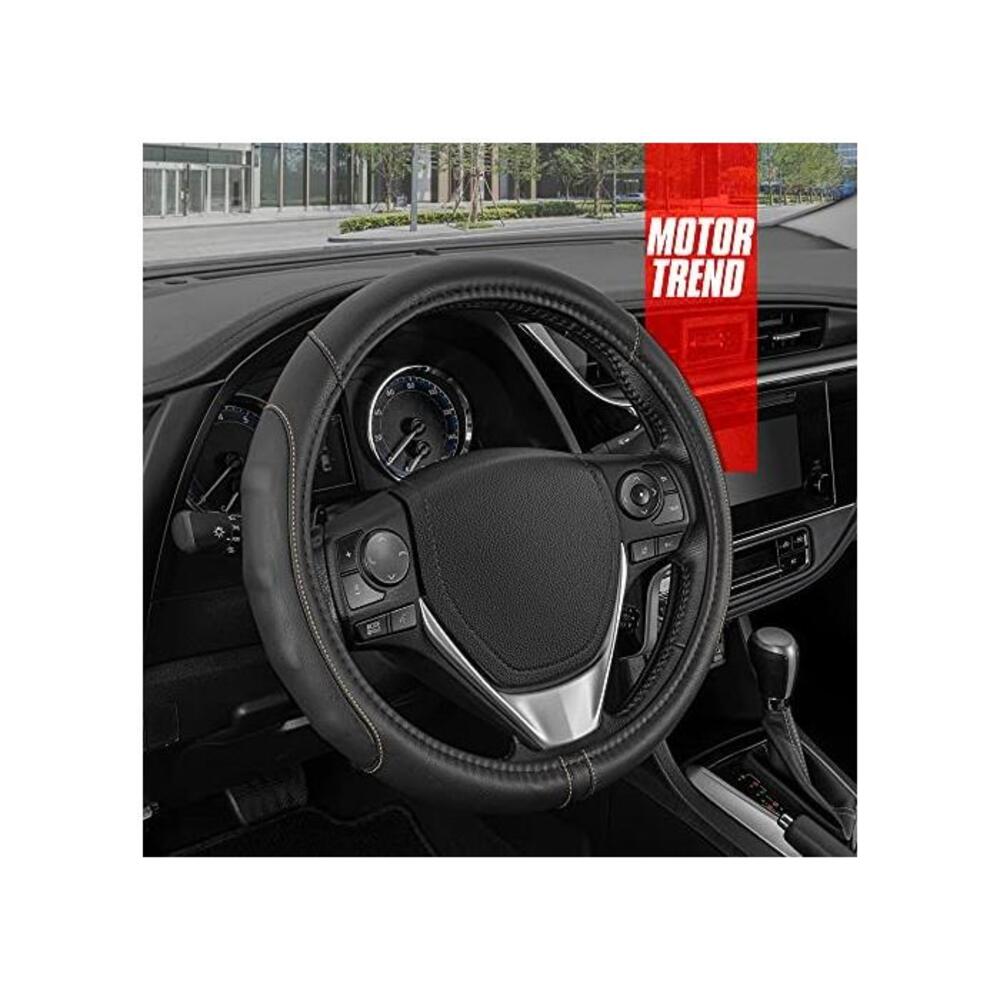 Motor Trend GripDrive Pro Synthetic Leather Auto Car Steering Wheel Cover Black w/Beige Accent Stitching Comfort Grip - Small 13.5 to 14.5 inch - SW-761-BG-S_AM B01DCPNJN4