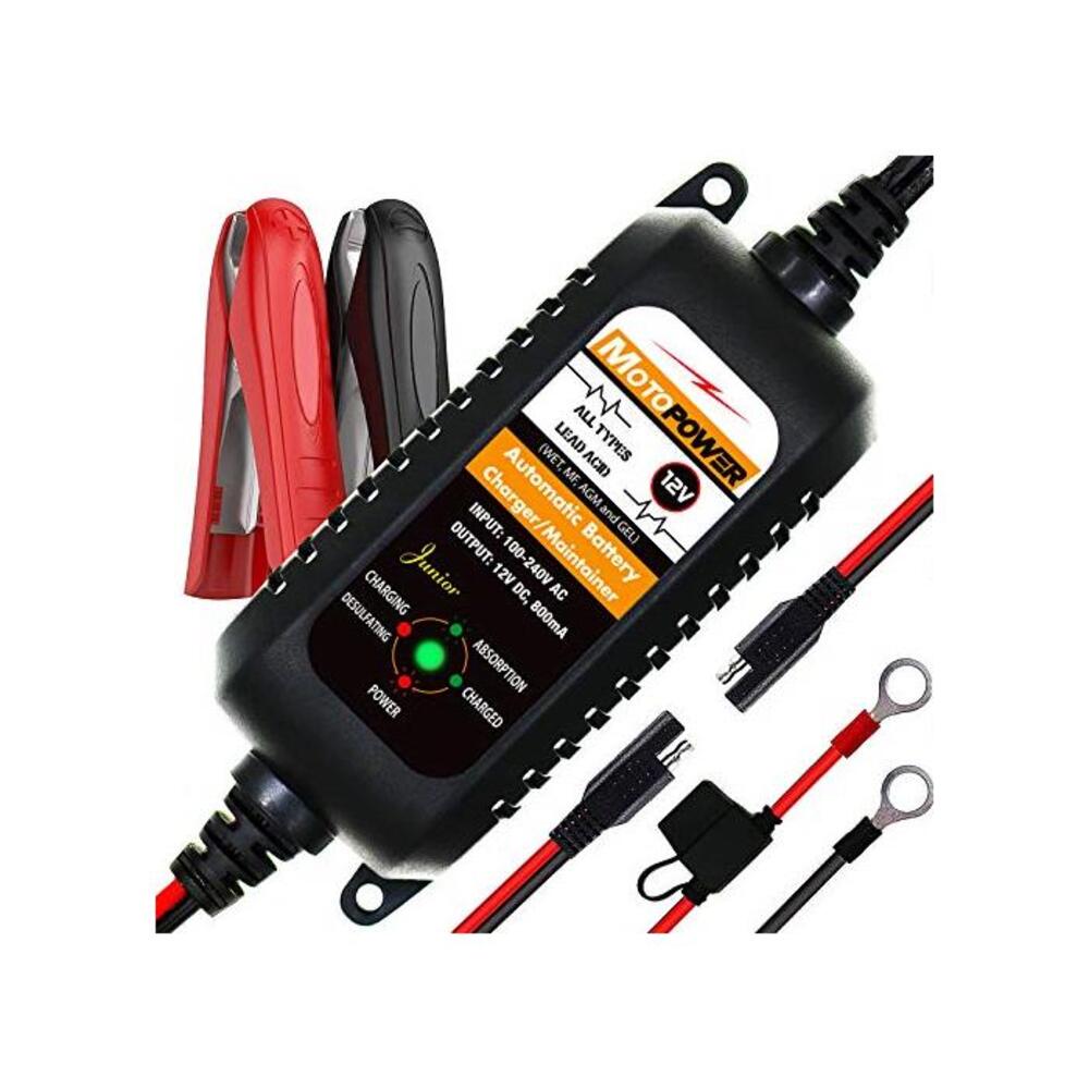 MOTOPOWER MP00205A 12V 800mA Fully Automatic Battery Charger/Maintainer for Cars, Motorcycles, ATVs, RVs, Powersports, Boat and More. Smart, Compact and Eco Friendly B06XWDZ2KQ