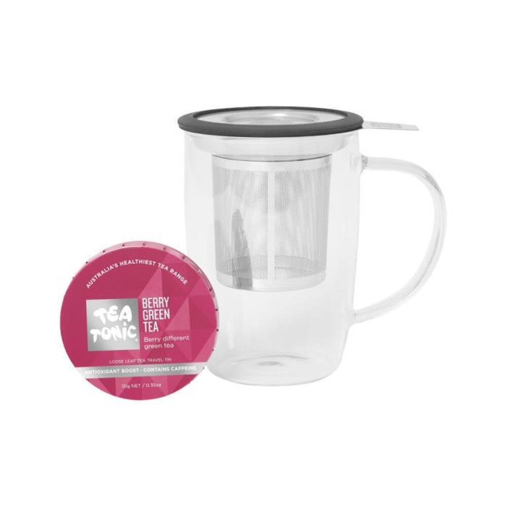 Tea Tonic (Tea Mug for One) Glass Tea Mug with Infuser &amp; Berry Green Tea Travel Tin 10g Pack