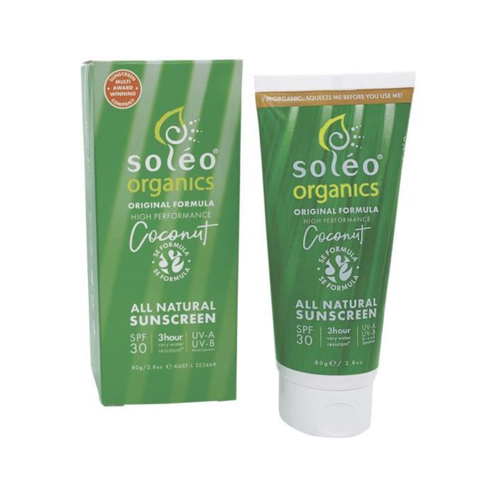 Soleo Organics All Natural Sunscreen SPF30 Original Formula (High Performance 3hr Water Resistant) Coconut 80g