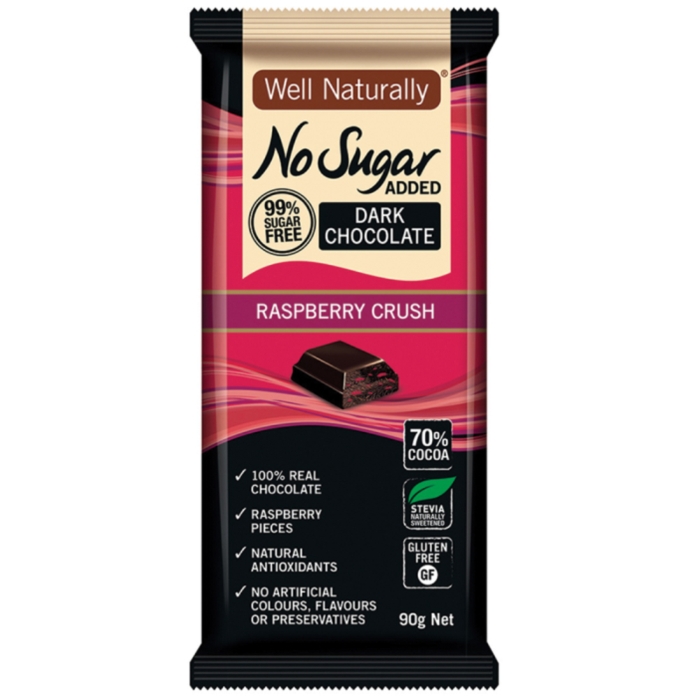 웰 내츄럴리 노 애디드 슈가 블록 다크 초코렛 라즈베리 크러쉬 90g, Well Naturally No Added Sugar Block Dark Chocolate Raspberry Crush 90g