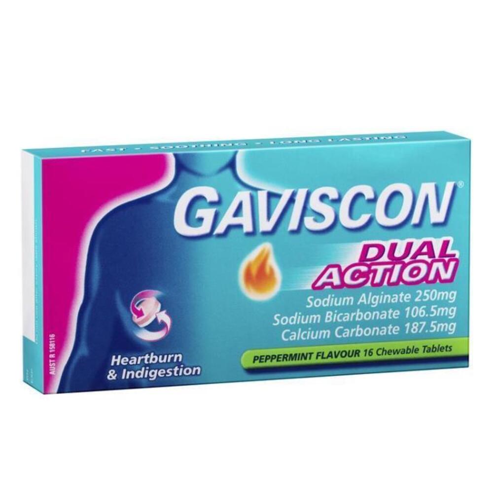 Gaviscon Dual Action Chewable Tablets Peppermint Heartburn &amp; Indigestion Relief 16 Pack