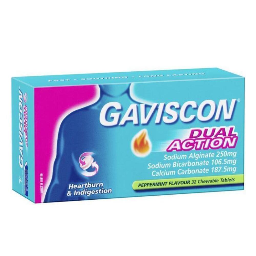Gaviscon Dual Action Chewable Tablets Peppermint Heartburn &amp; Indigestion Relief 32 Pack