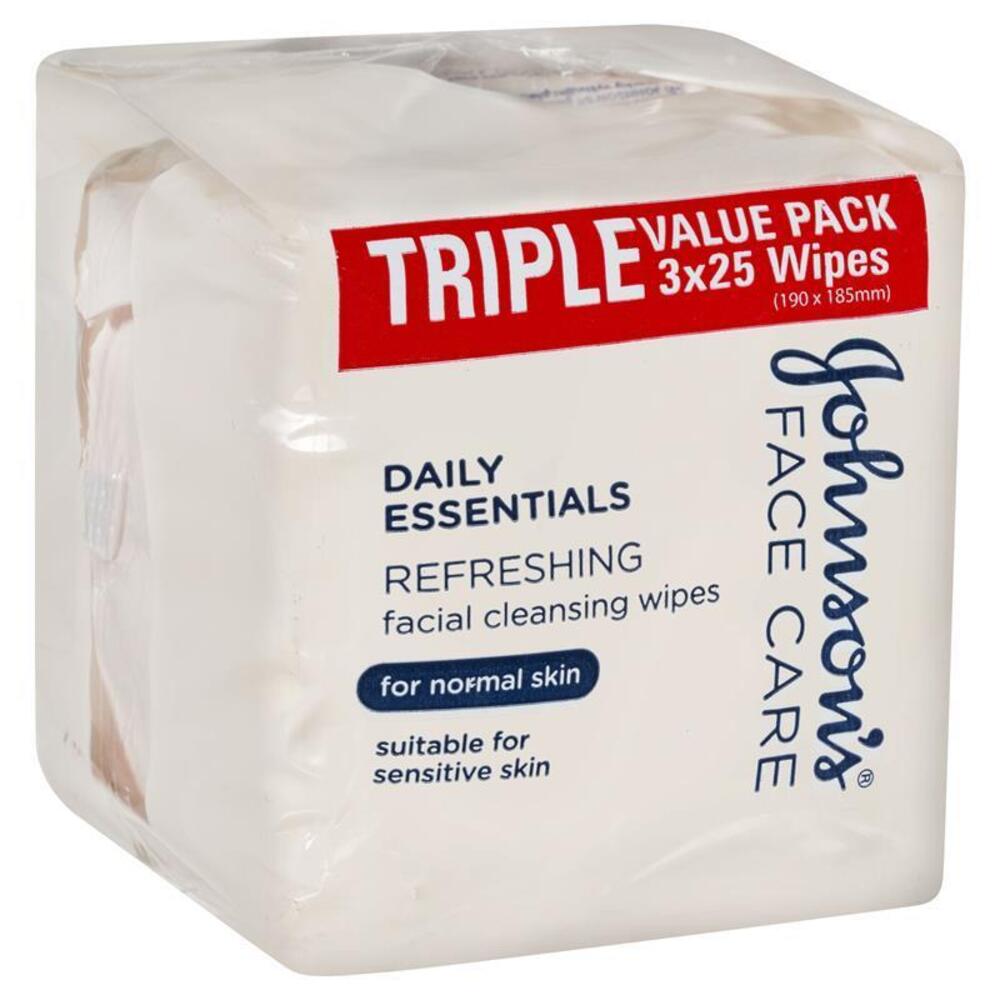 존슨스 데일리 에센셜 페이셜 클렌징 물티슈 노멀 스킨 3 x 25 팩, Johnsons Daily Essentials Facial Cleansing Wipes Normal Skin 3 x 25 Pack