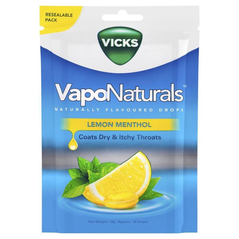 빅스 베이포내츄럴 레몬 멘톨 쓰롯개 19 내츄럴리 맛 드롭 70g 리실러블 백 Vicks VapoNaturals Lemon Menthol Throat Lozenges 19 Naturally Flavoured Drops 70g Resealable Bag