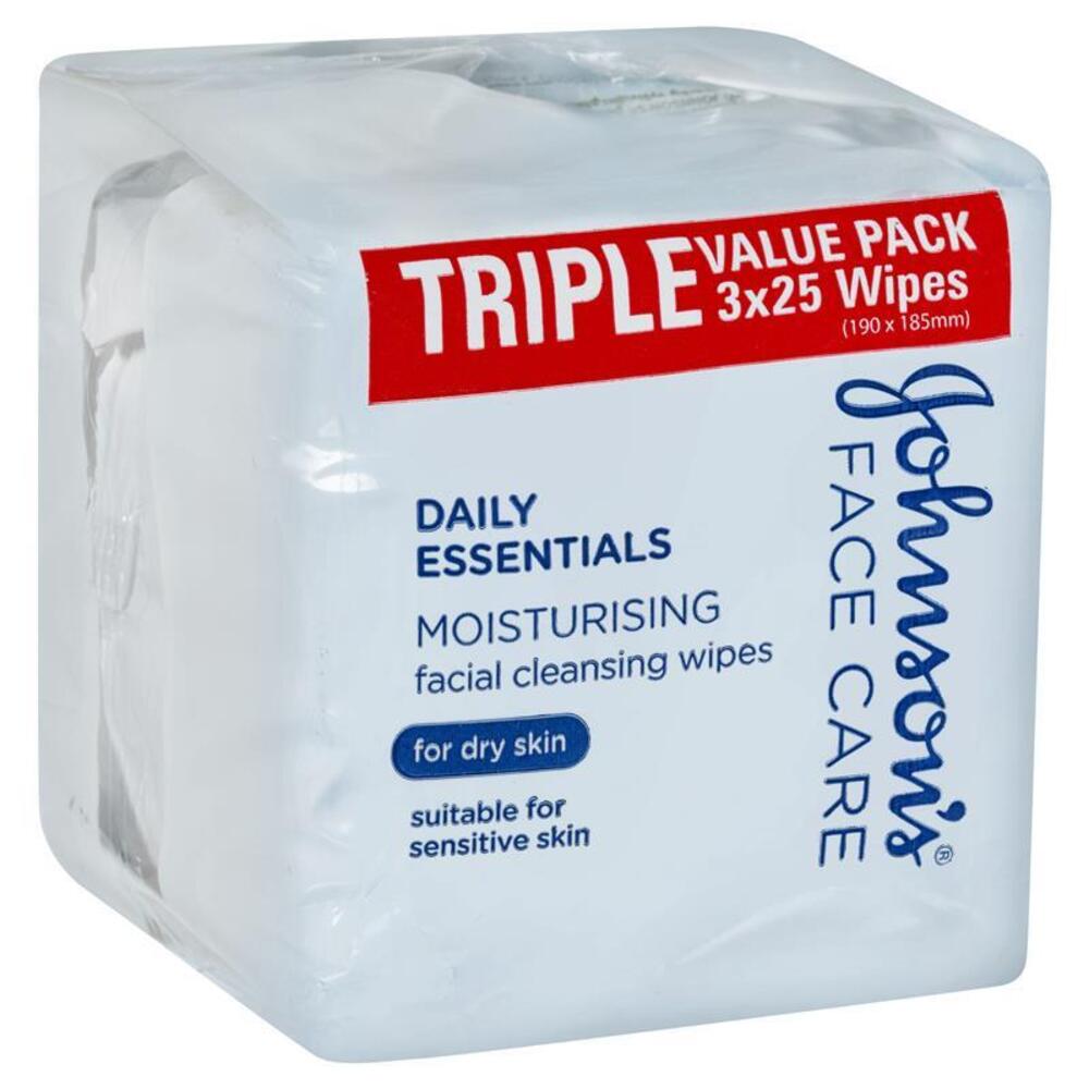존슨스 데일리 에센셜 페이셜 클렌징 물티슈 드라이 스킨 3 x 25 밸류 팩, Johnsons Daily Essentials Facial Cleansing Wipes Dry Skin 3 x 25 Value Pack
